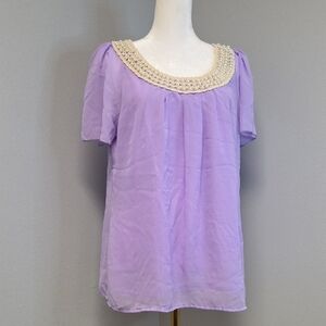 Purple Puff Sleeve Blouse with Embellished Bib Collar